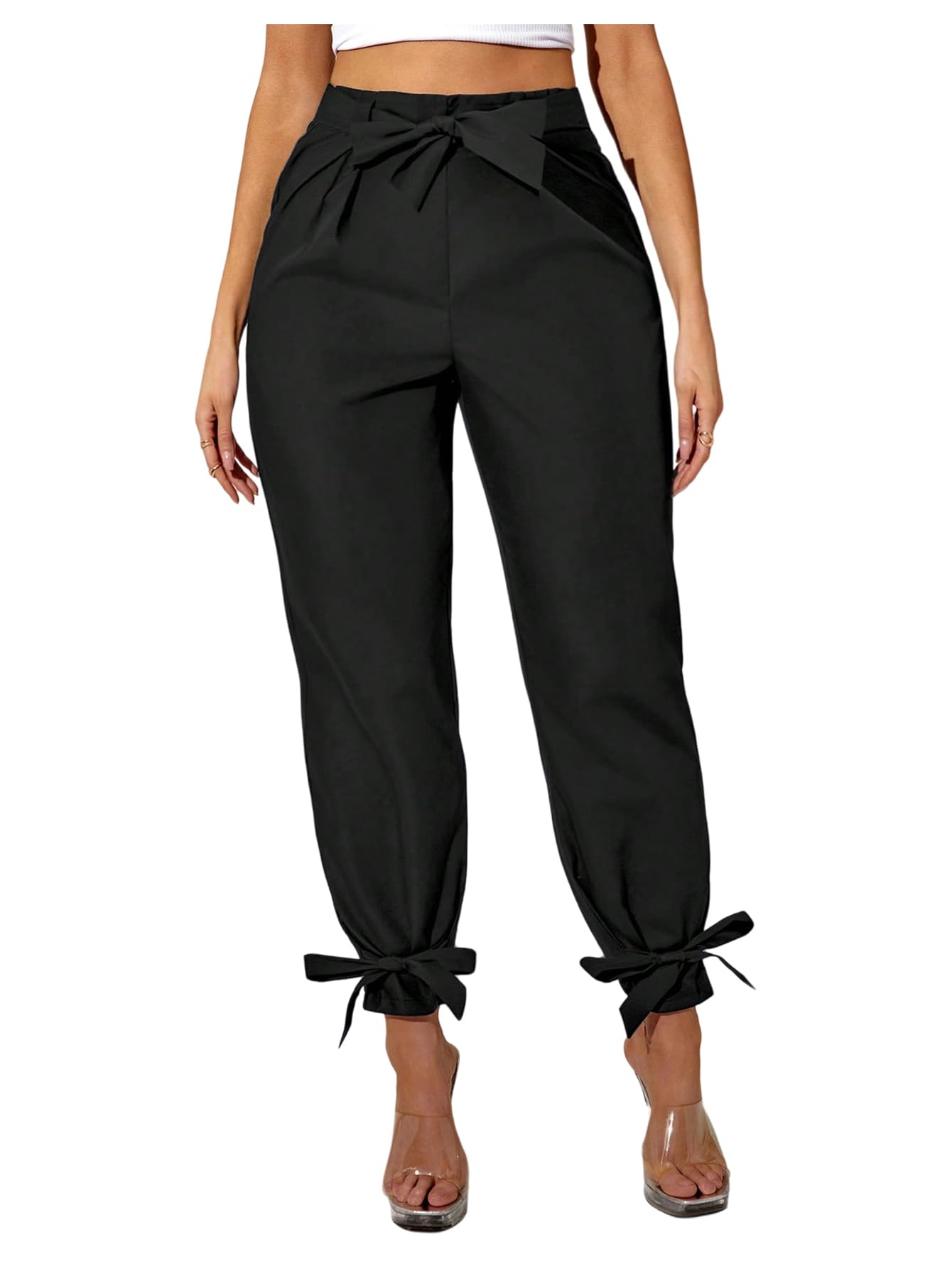 Floerns Womens Plus Size Bowknot Elastic High Waisted Pants Elegant Skinny Trousers