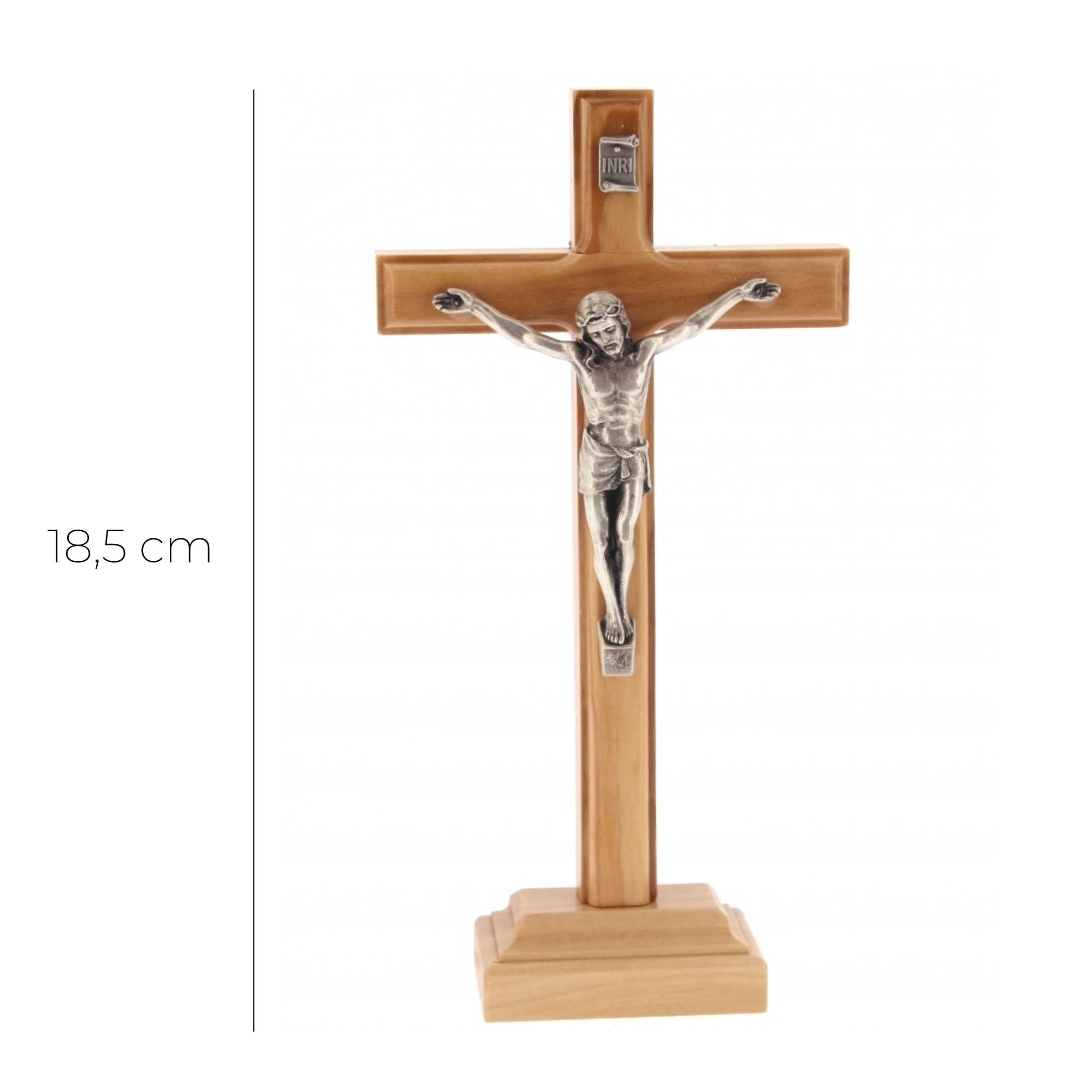SHALOM - Crocifisso in Legno D'ulivo E Corpo in Metallo con Base. Altezza 18,5 Cm