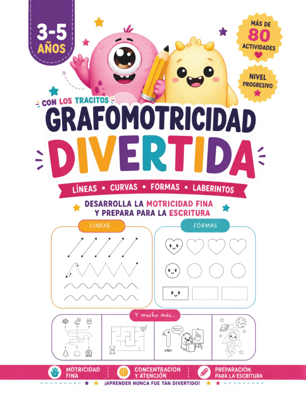 GRAFOMOTRICIDAD DIVERTIDA: Líneas, curvas, formas, números, laberintos y dibujos para colorear para niños de 3 a 5 años