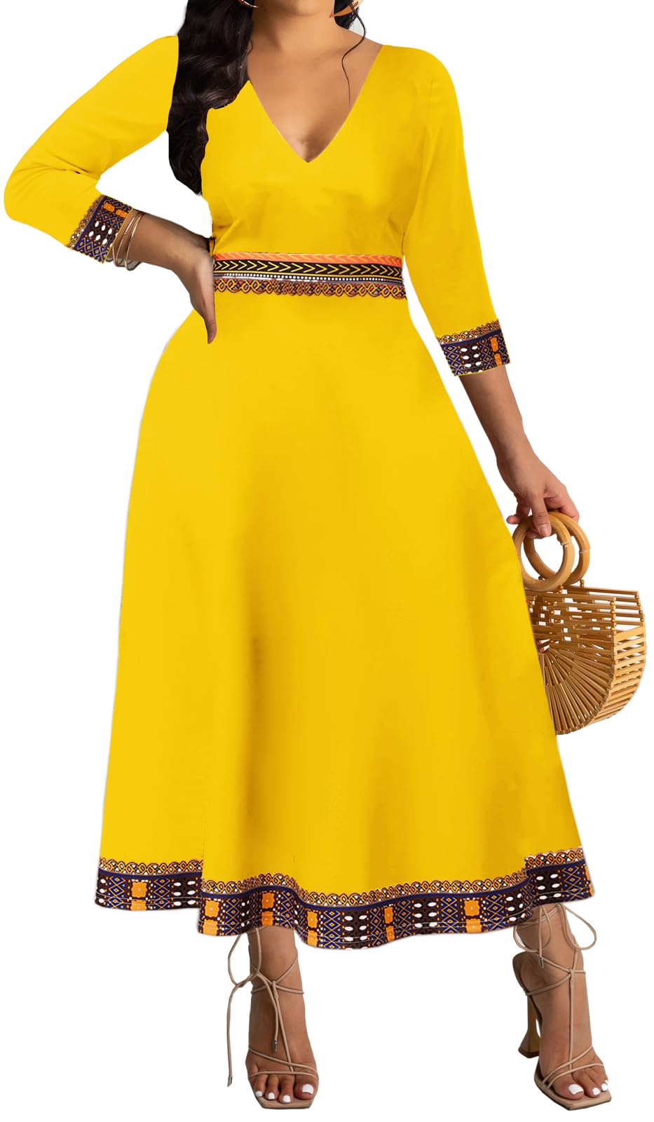 VisiChenupAfrican Dresses for Women Elegant V Neck 3/4 Sleeve Casual Long Maxi African Attire Dress