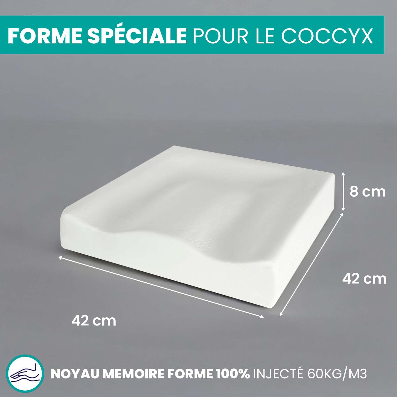 Coussin Anti Escarres Fessier 42x42x8 - Mémoire Forme 60kg m/3 + Coussin Coccyx + Coussin Fauteuil Roulant - Coussin Orthopédique Fessier - Double Housse Lavable
