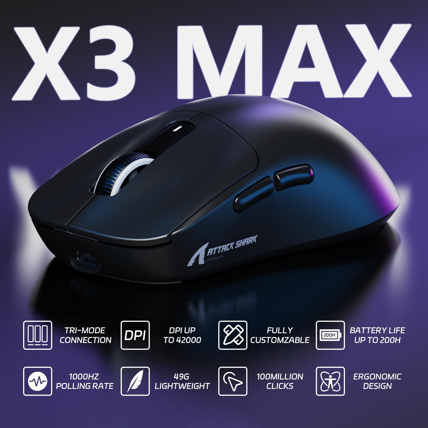 ATTACK SHARK X3MAX Superlight de 49g Ratón, Sensor PixArt PAW3950, hasta 420000 dpi, Ratón para Juegos BT/2.4G Wireless/Wired con Cable en Espiral, 100M Clicks Optical Microswitches, para PC/Xbox/Mac