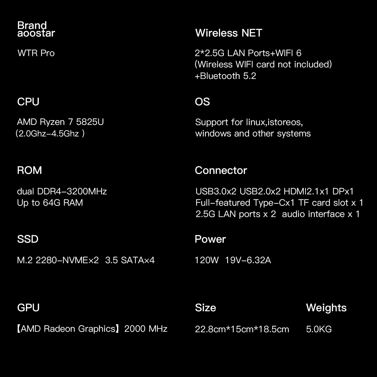 AOOSTAR Ryzen 7 5825U 4 Bay NAS Mini PC, Senza RAM Senza SSD NAS Desktop Computer, 2*slot M.2 NVMe, 2,5"/3,5" SATAx4 Storage(fino a 4x22TB) Nessun disco rigido, solo 4 frame del disco rigido, Senza OS