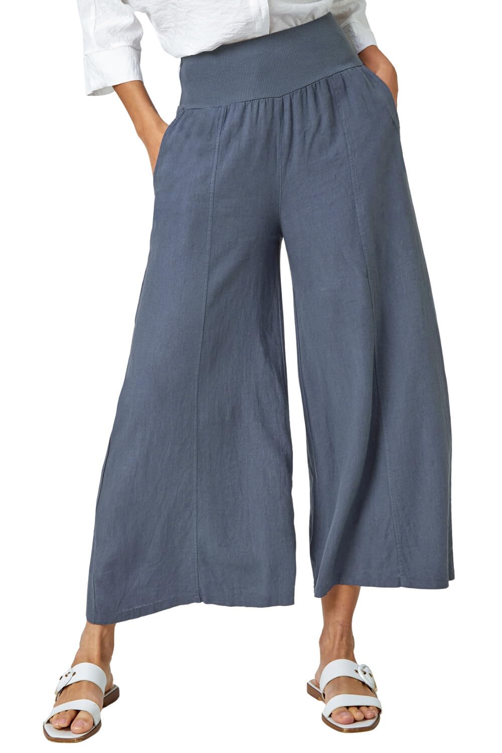 Roman - Women's Linen Blend Culottes - Size M - Mid Blue