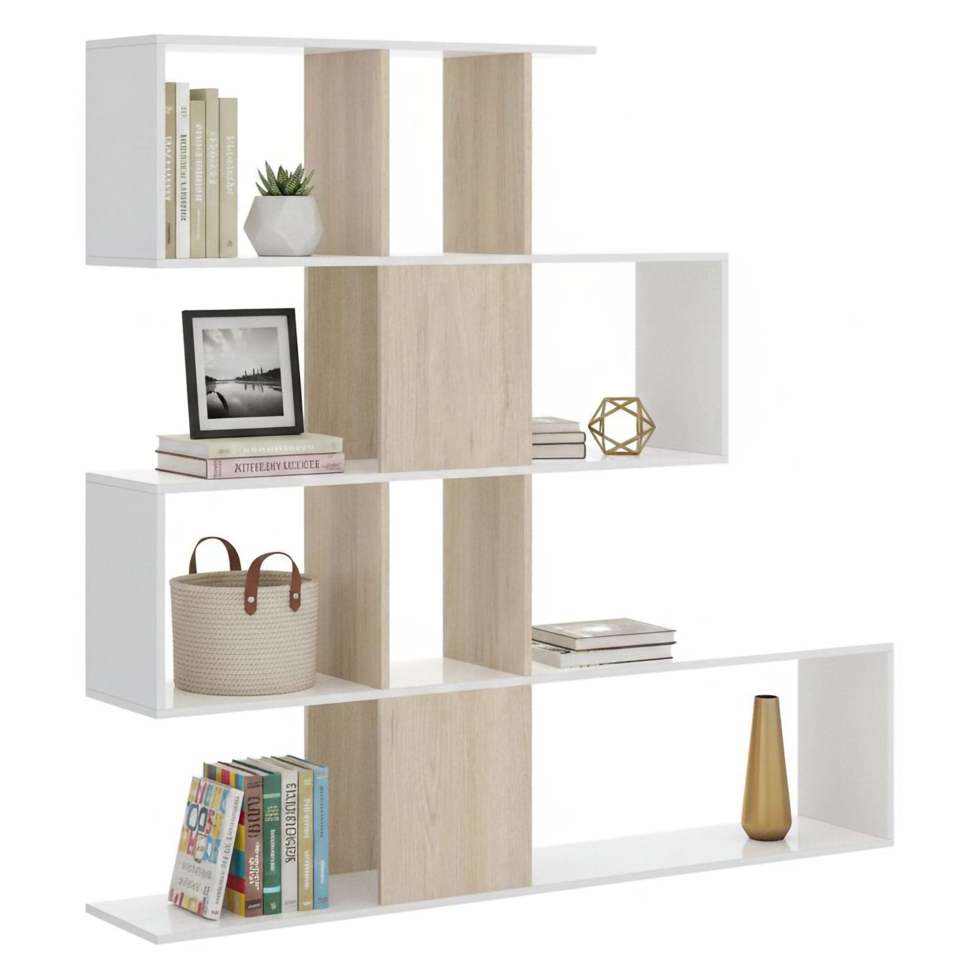 Dmora - Libreria Moneglia, Scaffale da ufficio multiuso, Mobile biblioteca portalibri a 4 ripiani, 145x29h145 cm, Bianco e Rovere