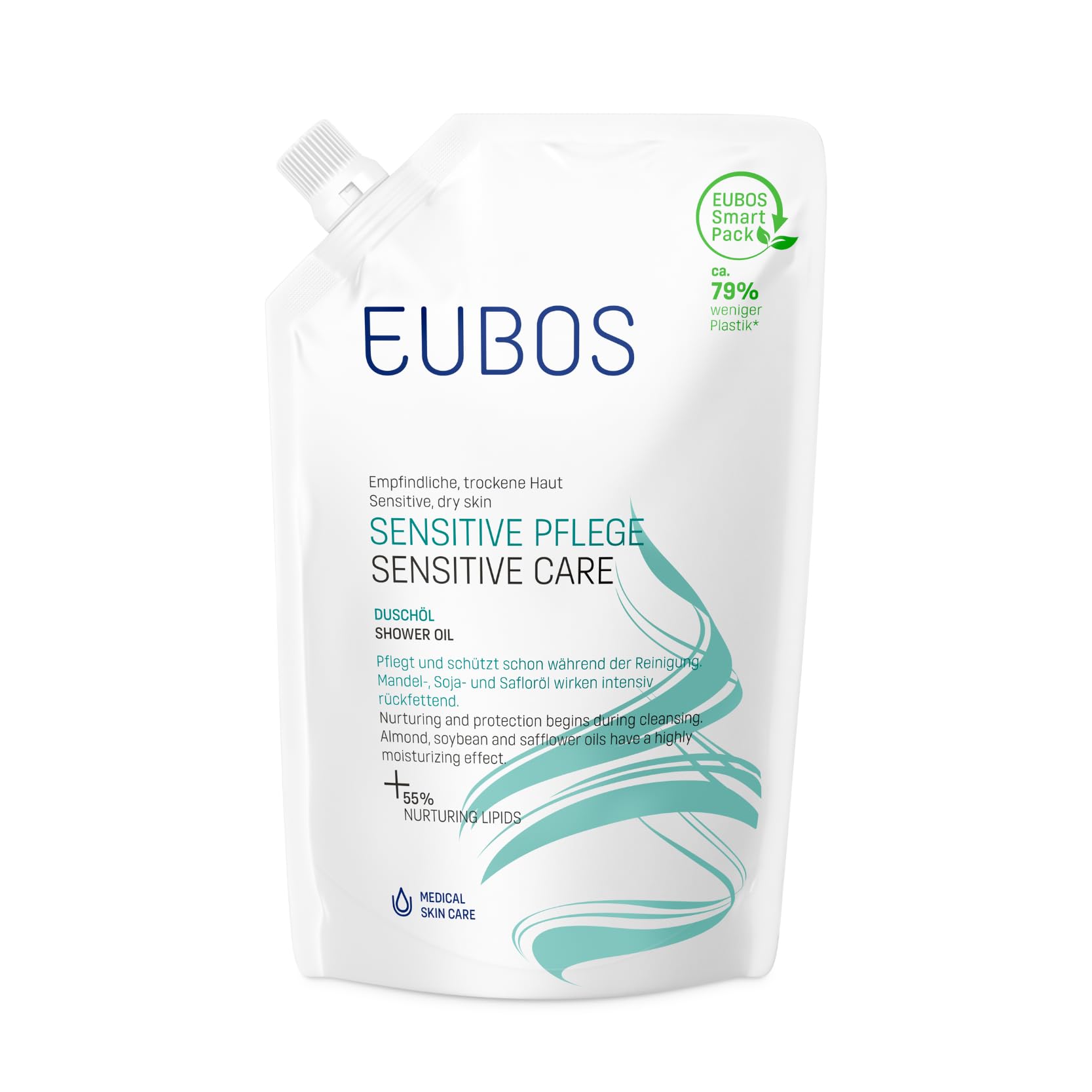 EUBOS Cura sensibile, sacchetto di ricarica per olio da doccia, olio doccia benefico per pelli sensibili e secche, per la pulizia quotidiana e nutriente, tollerabilità cutanea dermatologicamente