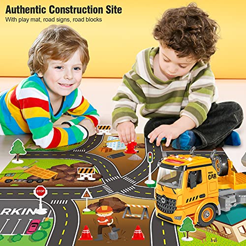 Building Construction Trailer Truck & Excavator Toys for 3 4 5 6 Years Old Toddlers Kids Boys Girls, 108PCS Building Block Toy Set with Electric Drill, STEM Take Apart Vehicles Gift with Sound & Light