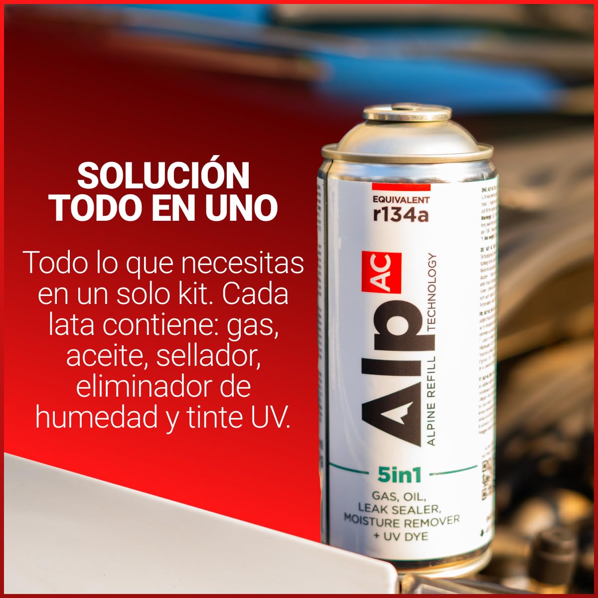 AlpAC 5in1 Kit Recarga Aire Acondicionado R134a (2x Latas + Manguera) – Gas Sustituto incl. sellador, aceite, UV y deshumidificador – Coches hasta 2016
