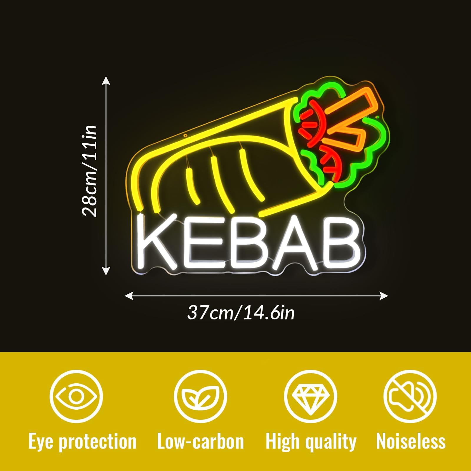 KEBAB" Insegna al neon per decorazione da parete, alimentata tramite USB, LED con interruttore dimmerabile, per bancarelle alimentari di Kebab Döner
