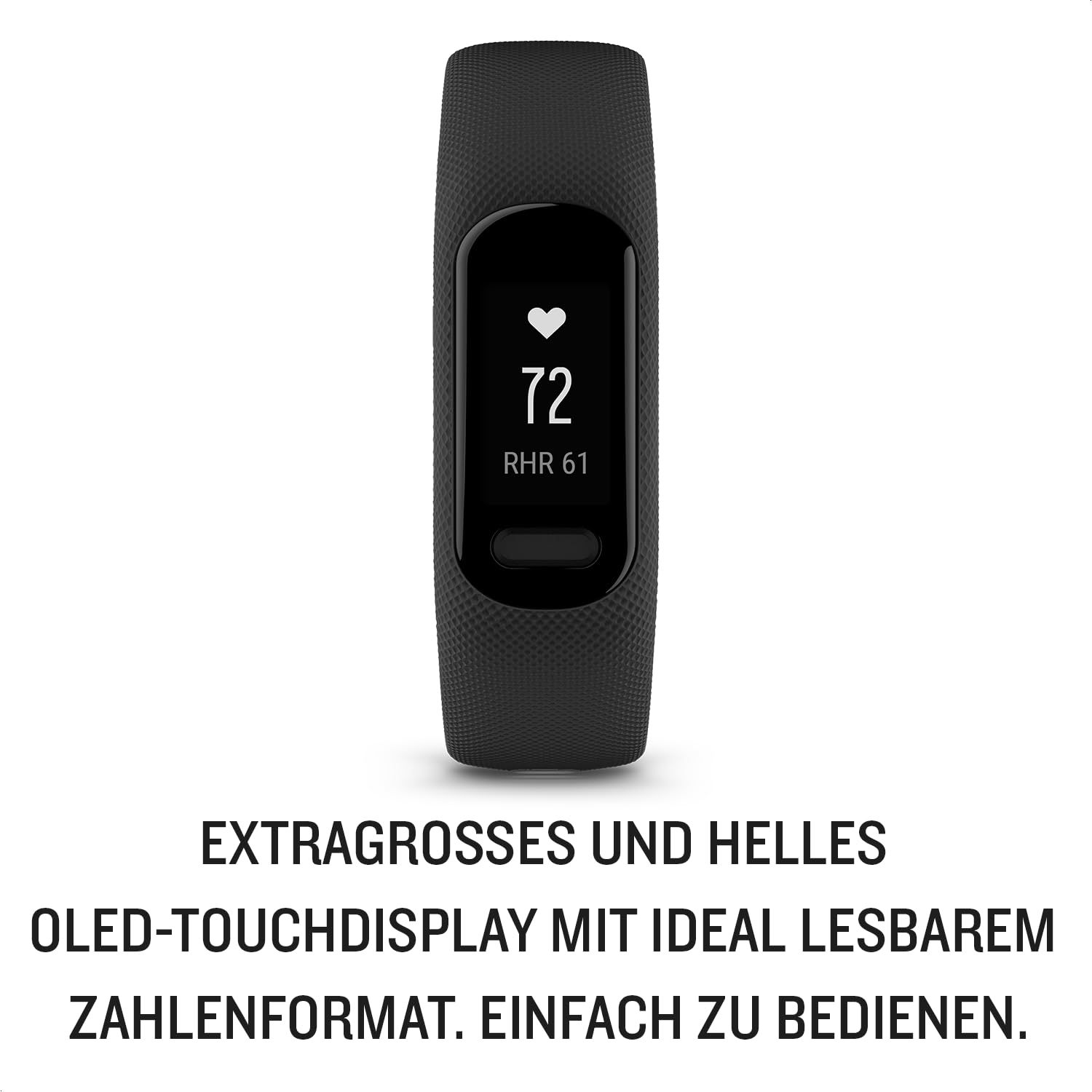 Garmin vívosmart 5 – Fitness-Tracker mit extragroßem OLED-Touchdisplay, Gesundheitsfunktion wie Schlafqualität und Herzfrequenzmessung. Bis zu 7 Tage Akkulaufzeit, wasserdicht und Notfallhilfe.