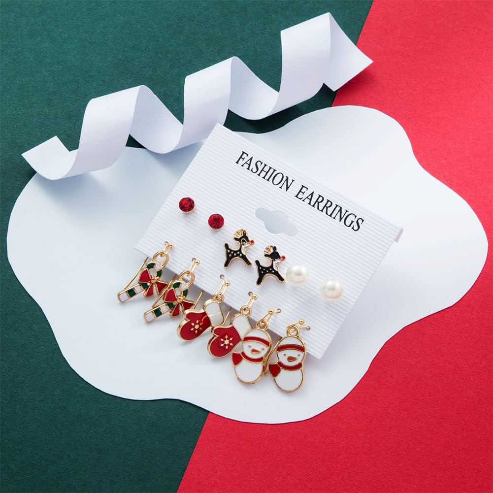 Christmas Earrings for Women Bow Earrings Christmas Tree Santa Claus Earrings Hook Cute Bells Elk Snowflake Stud Earrings Xmas Holiday Party Enamel Ear Jewelry 6 Pairs - Image 4