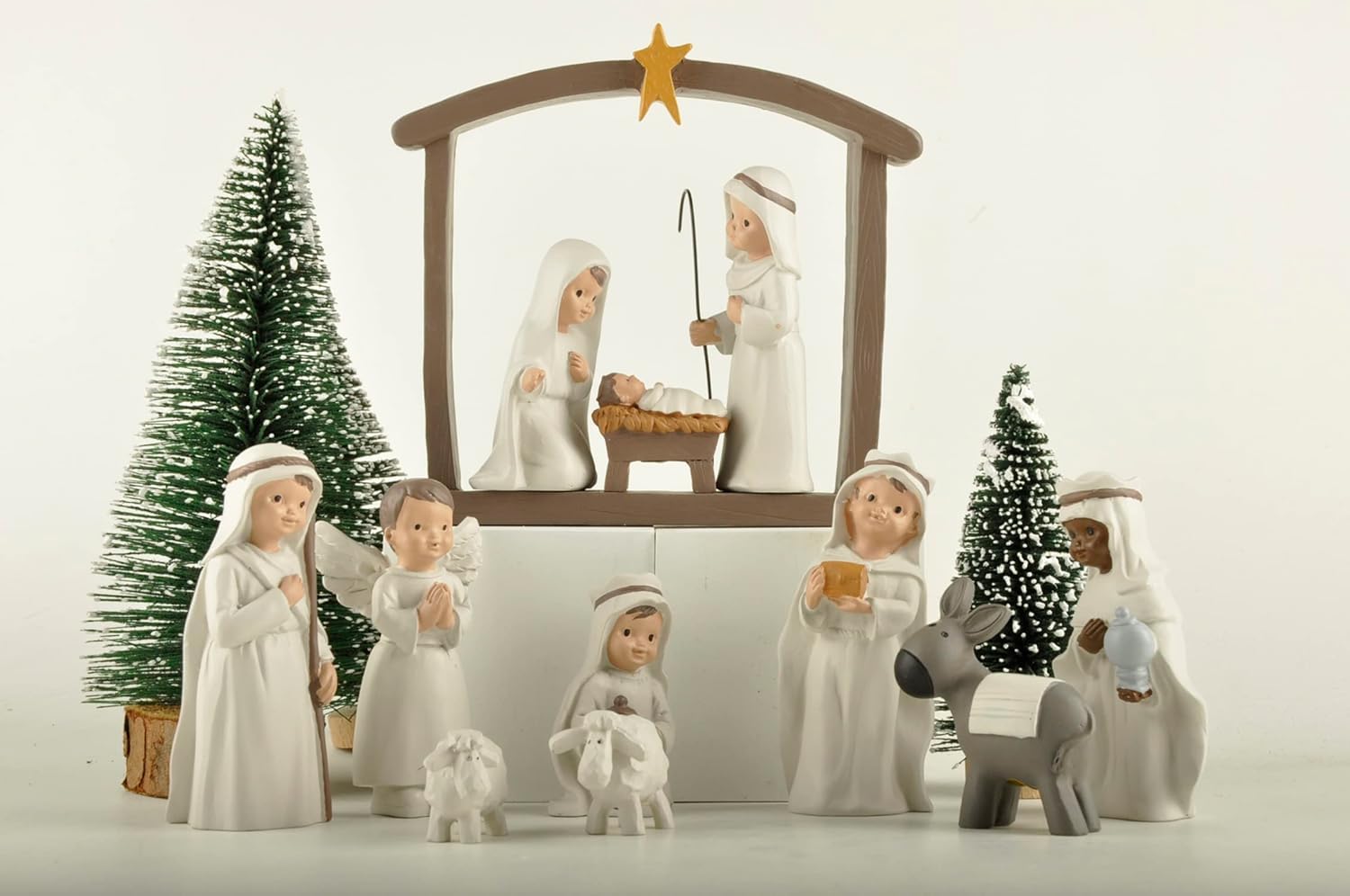 MeritMode Weihnachtskrippen-Set, 12-teilig Heilige Familie Figur handbemalt Mini Deko religiöse Weihnachtsfiguren Krippenfiguren Krippenfiguren inkl. Jesuskind, Maria und Josef, Kunstharz, cremeweiß