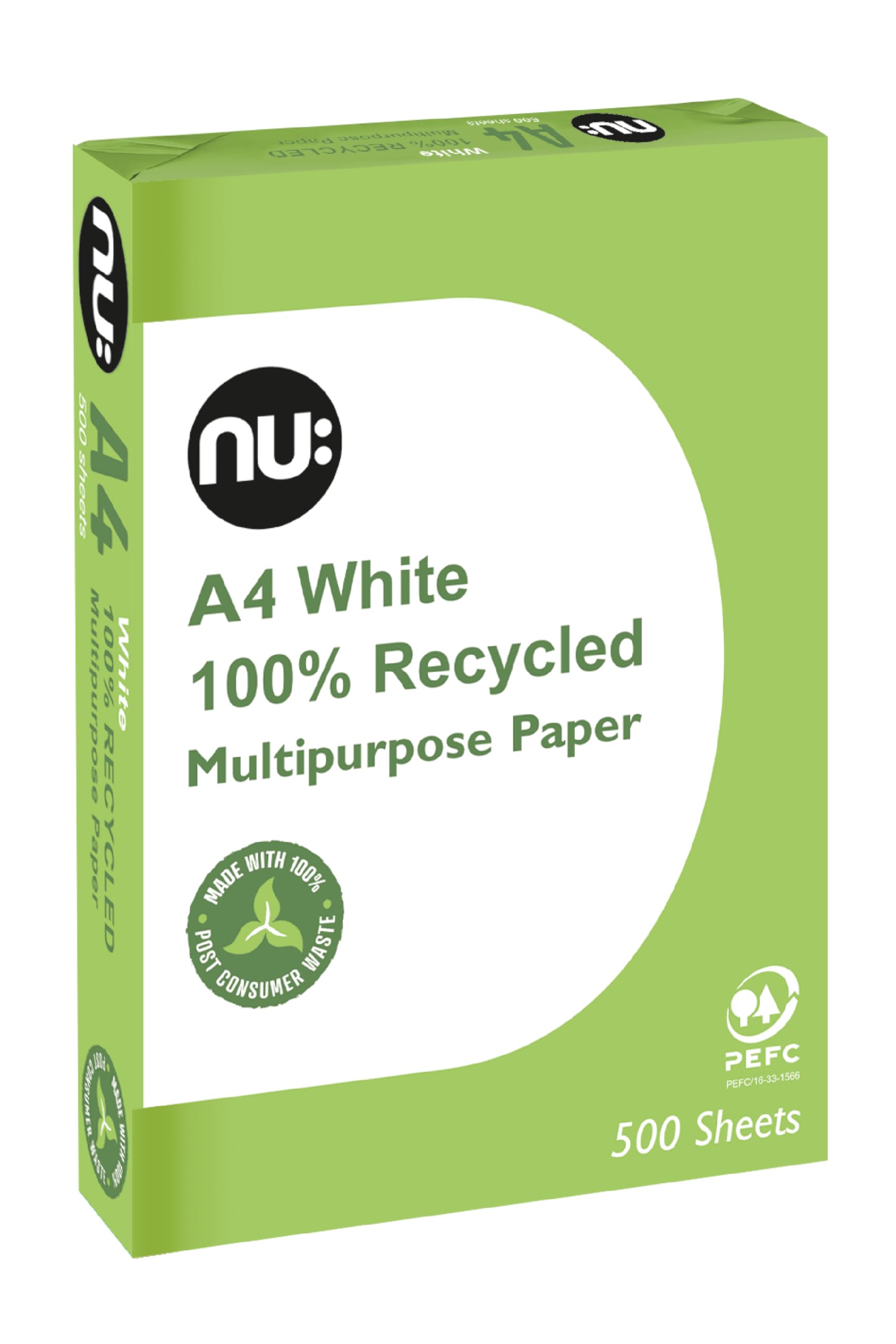 nu: A4 Recycled Multipurpose Paper | White | 500 Sheets | Smooth Surface | Suitable for Inkjet, Laser & Copier Use | Ideal for Home & Office