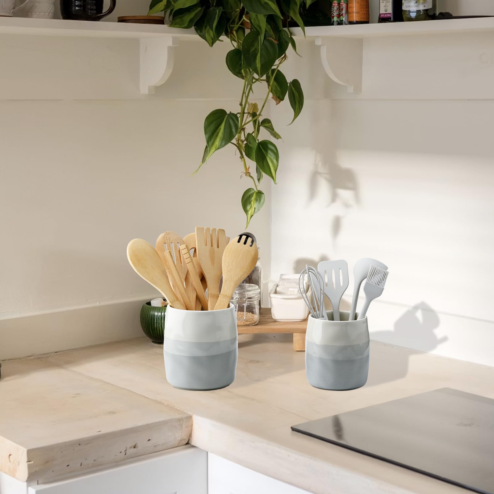 Porta Utensili da Cucina in Ceramica, Porta Posate da Cucina da Appoggio, Portamestoli da Tavola per Cucchiai, Spatole, Stoviglie, Design Stratificato Crema e Grigio (L)