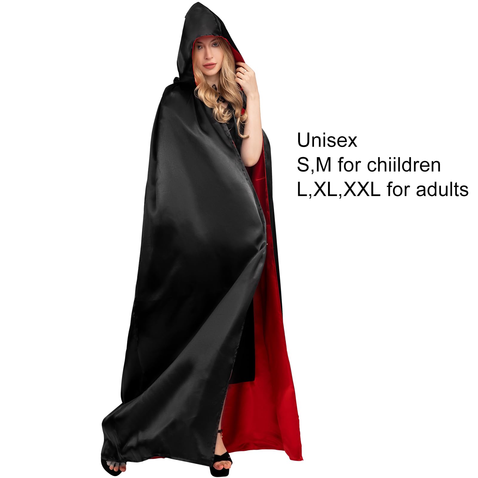 Myir JUN Czarno-czerwona peleryna dla dorosłych dzieci, uniseks, płaszcz z kapturem, kostium na Halloween, satyna, czarownice, wampiry, płaszcz, fantazyjne przebranie dla dzieci (L)
