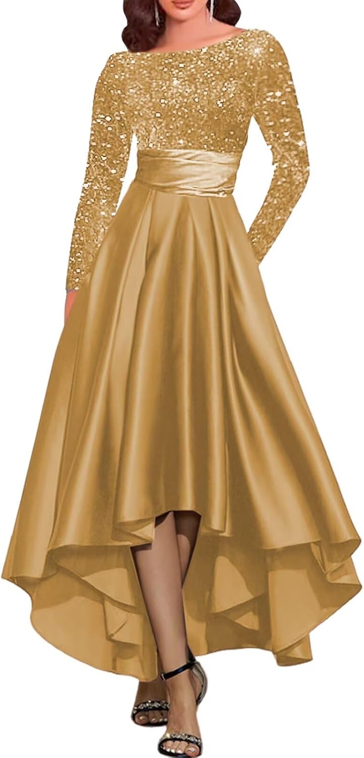 Sequin Mother of The Bride Dresses for Women Flowy Hi-Low Satin Formal Evening Dress with Sleeves AD192