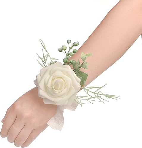 Miniatura 2 de Juego de 6 ramilletes de muñeca de color marfil para boda, fiesta de graduación, pulseras de ramillete de flores artificiales, pulsera de ramillete