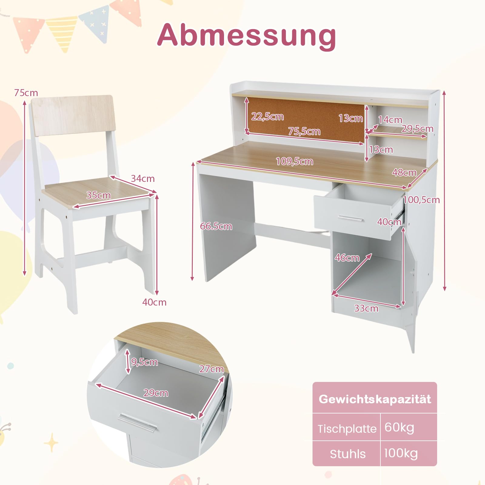 COSTWAY Kinderschreibtsich mit Stuhl, Schreibtisch Kinder aus Holz mit Regalen, Schubladen & Schrank, Jugendschreibtisch für Kinderzimmer, Lerntisch für Jungen, Mädchen ab 3 Jahren (Natur)