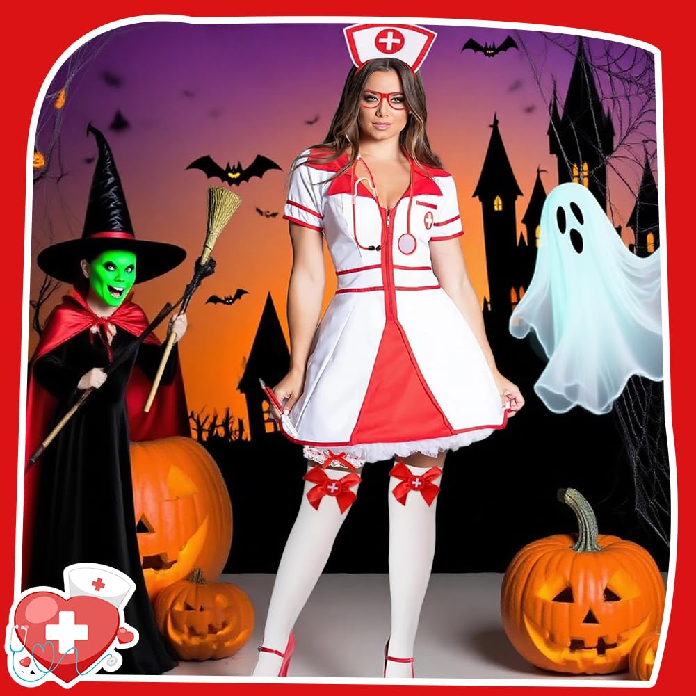 Set da infermiera Costume infermiera Halloween Accessori con cappello e stetoscopio, giarrettiera, calze rosse con croce bianca e penna a siringa, per donne e ragazze, accessori per Halloween
