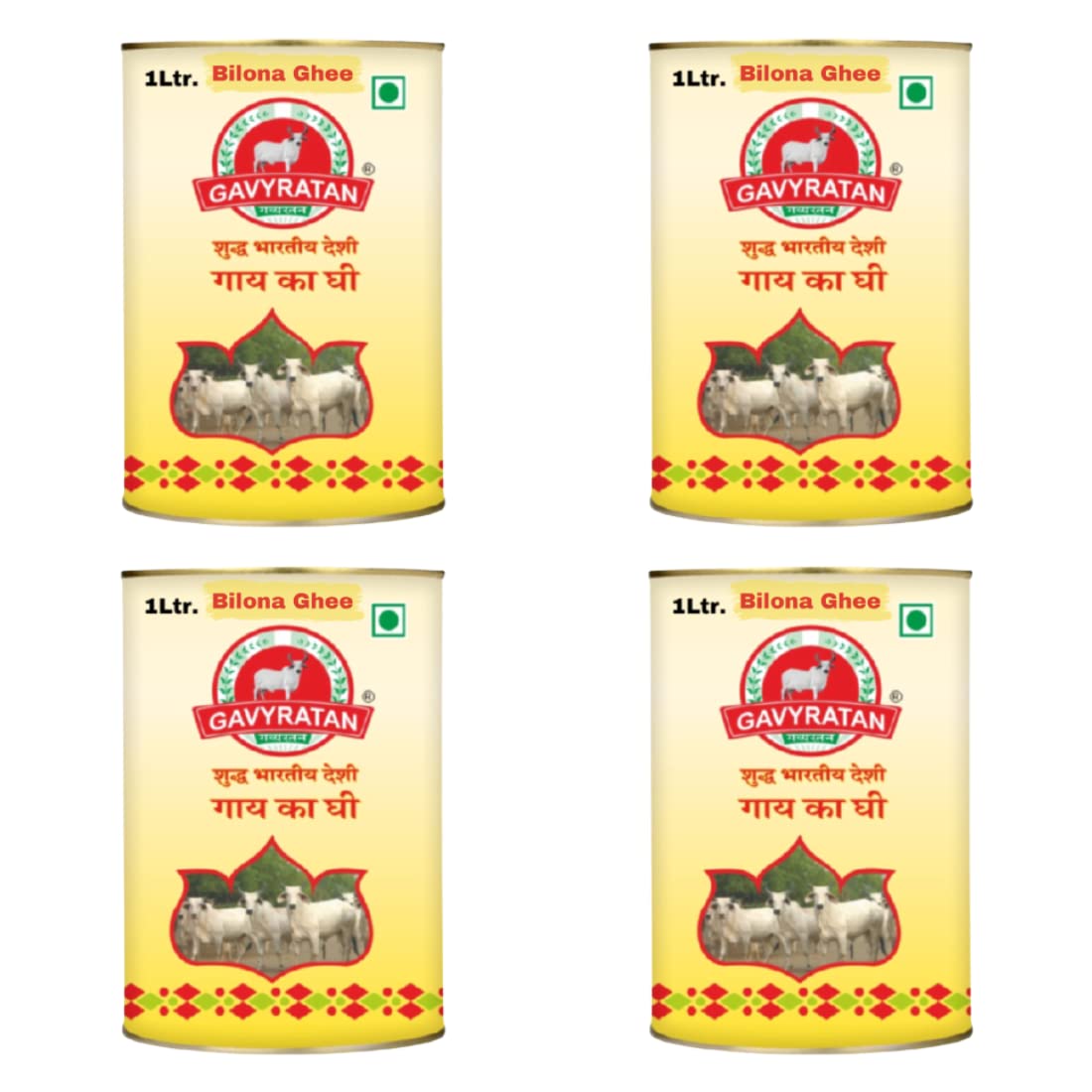 Gavyratan Pure and Natural Curd-Churned Bilona Desi Cow Ghee | Grassfed Clarified Curd Ghee Tin (1 Litre, Pack of 4)