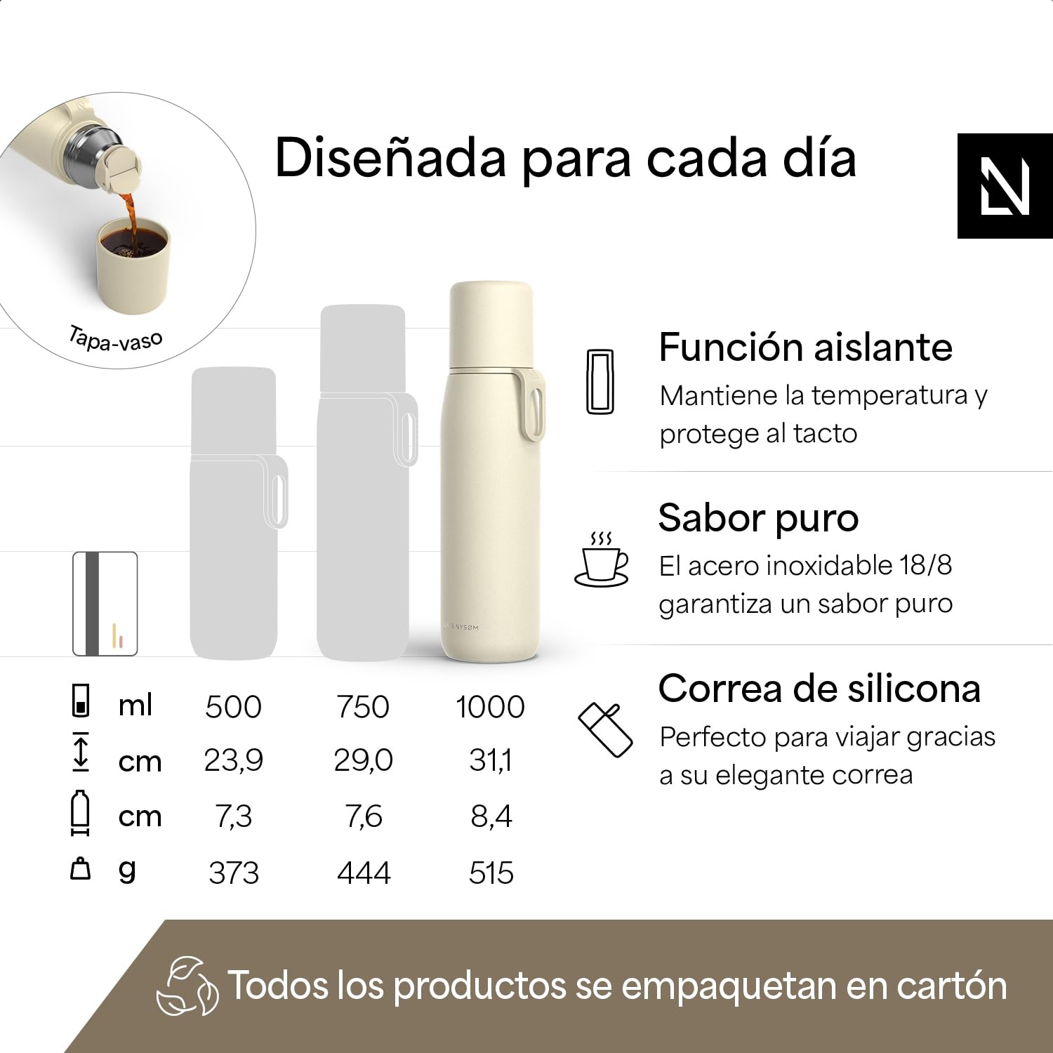 LARS NYSØM Botella Térmica de Acero Inoxidable - Isotérmica de Doble Pared con Taza y Correa, Metálica Hermética para Viaje, Oficina y Exterior (Almond Beige, 1000ml)