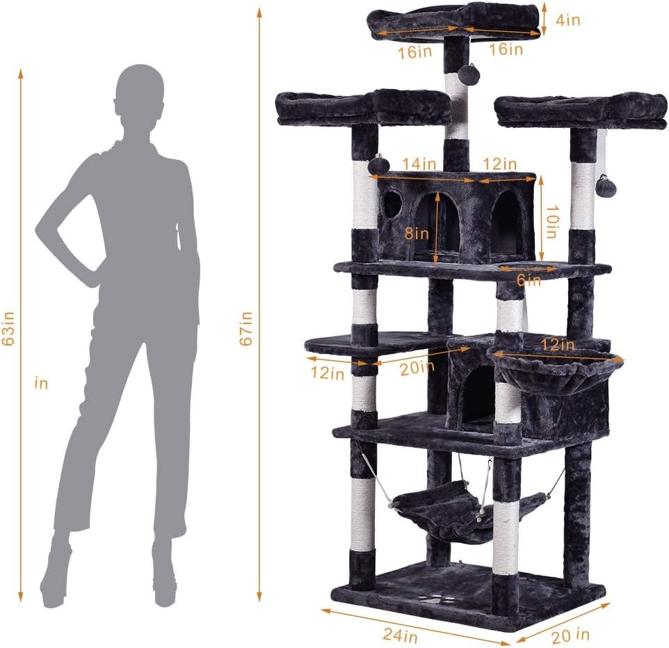 MQ Multi-Level Cat Tree, Activity Center Cat Tower Furniture 67" with Sisal-Covered Scratching Posts 3Pcs Padded Plush Perches Dual Condo & Basket Removable Hammock for Large Small Cats (Smoky Gray) : Pet Supplies