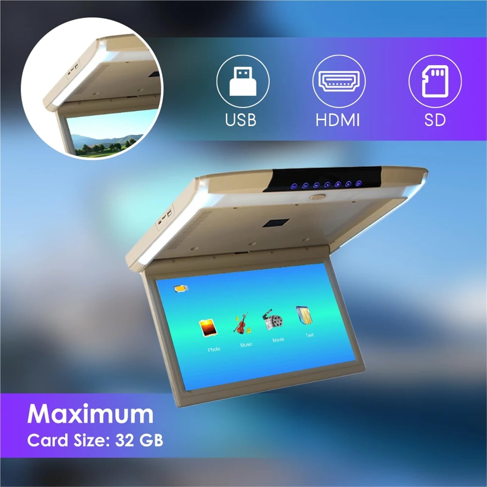 15.6 Inch Car Roof Monitor TV Flip Down 1080P Video HD Screen MP5 Player IPS Screen With Blue Ambient Light(Black)