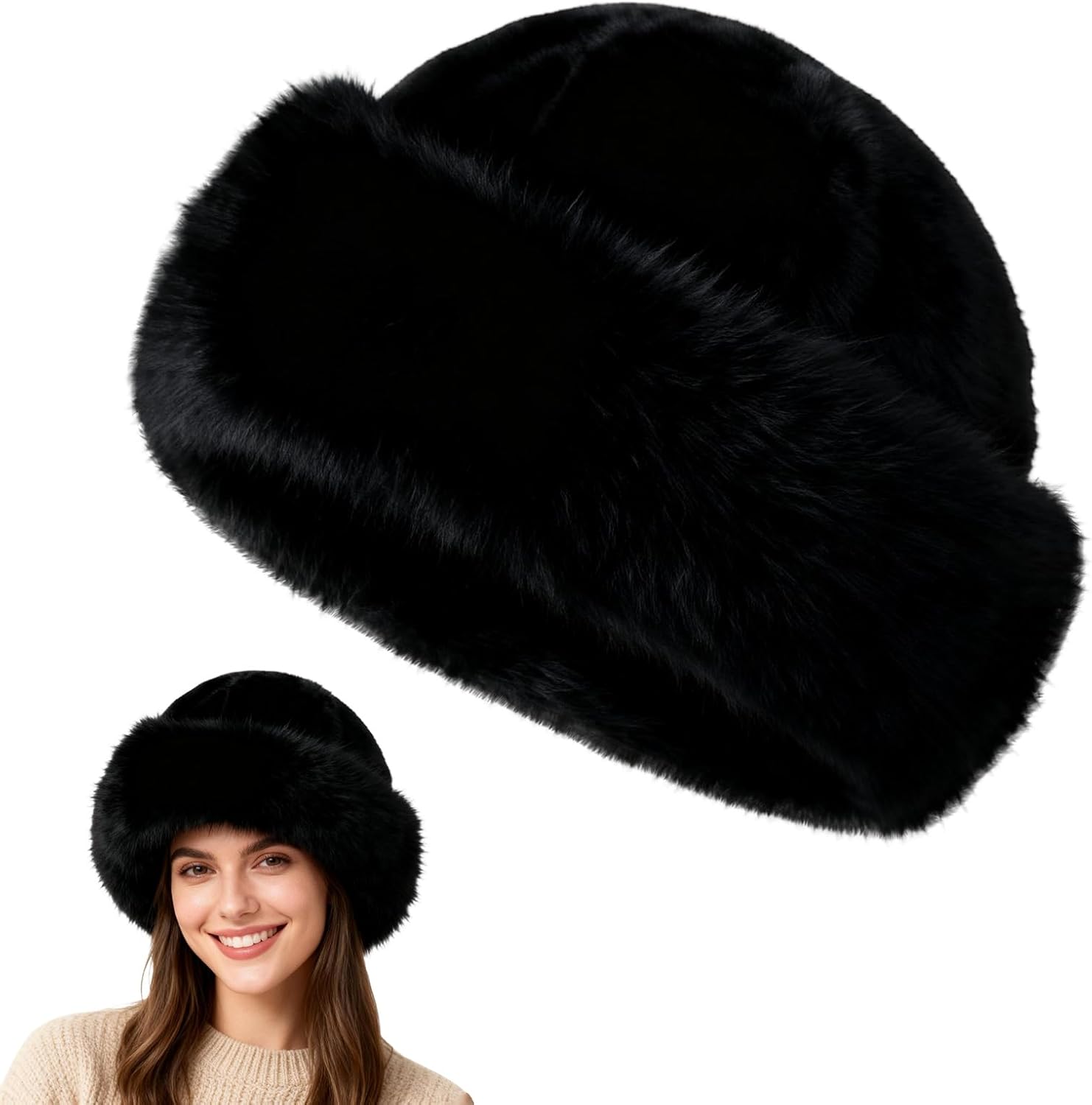 Womens Winter Faux Fur Bucket Hat, Fashion Hat for Winter Faux Mink Hat, Fuzzy Fisherman Cap for Outdoor