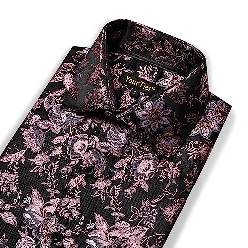 Yourties HCY-9008-XL Mens Silk Dress Shirt Regular Fit Men'S Floral Printed Button Down Shirt Long Sleeve Wedding Party Pink X-Large thumb #3