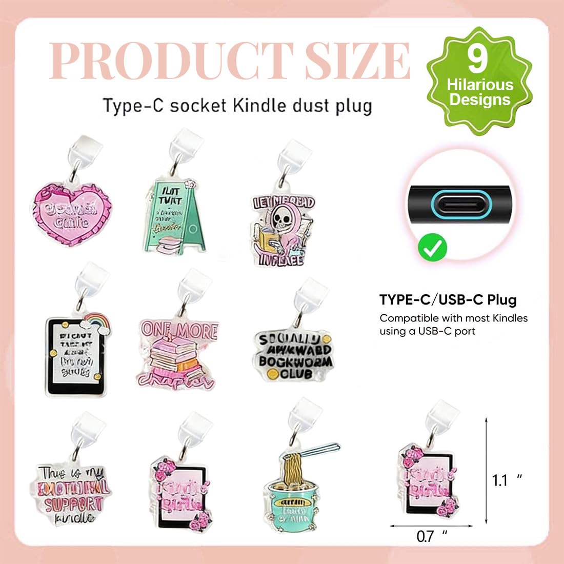 9-częściowy zestaw chroniący przed kurzem do czytnika Kindle i E-Reader, zatyczki USB-C i zawieszki do czytania w stylu Nudel, prezent świąteczny | Akcesoria Kindle dla czytników