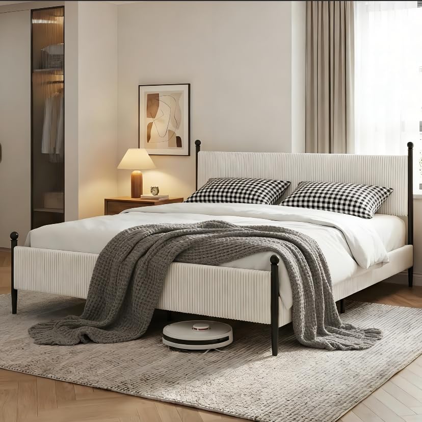 GarveeHome King Bed Frame with Velvet headboard - 1000 lbs Capacity Corduroy upholstered Bed upholstered Bed Frame with