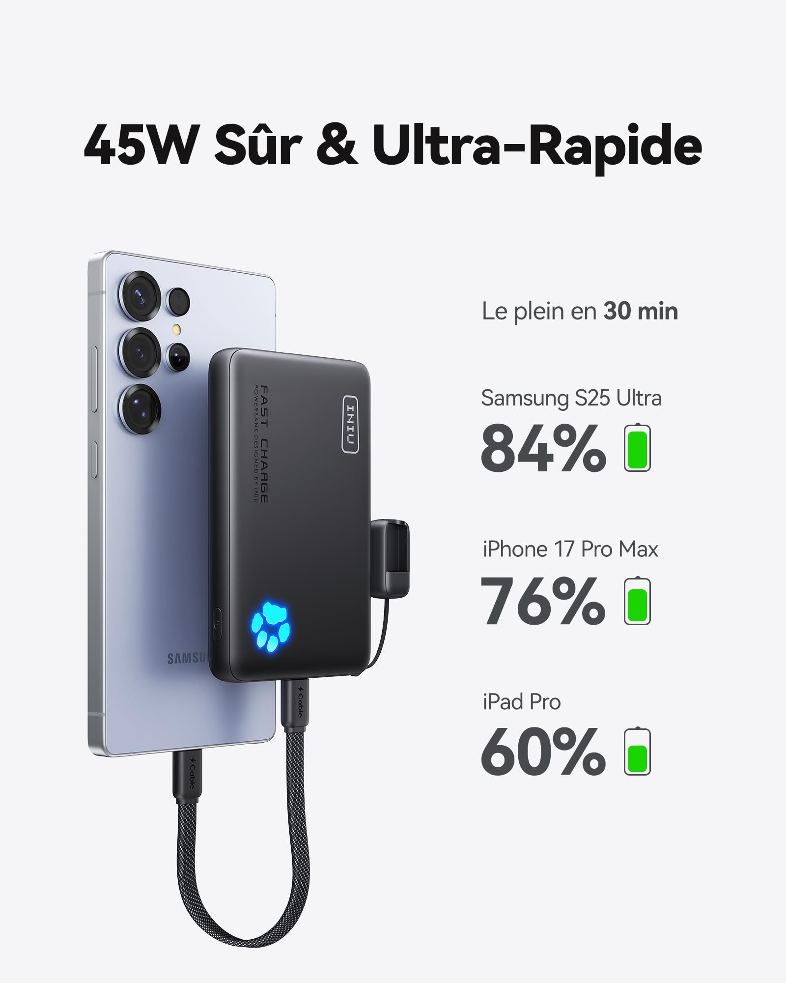 INIU Batterie Externe, Petit 45W Charge Rapide 10000mAh Power Bank avec Câble USBC Amovible, Autorisé en Avion, Essentiels de Voyage, Powerbank pour iPhone 17 16 Pro, Samsung, Xiaomi, iPad, etc