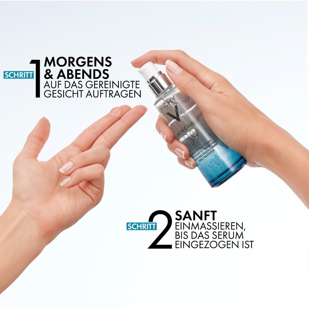 Vichy Minéral 89 Feuchtigkeitsspendender und aufpolsternder täglicher Booster: Hyaluronserum mit Polyglutaminsäure für intensive Feuchtigkeit, 30 ml
