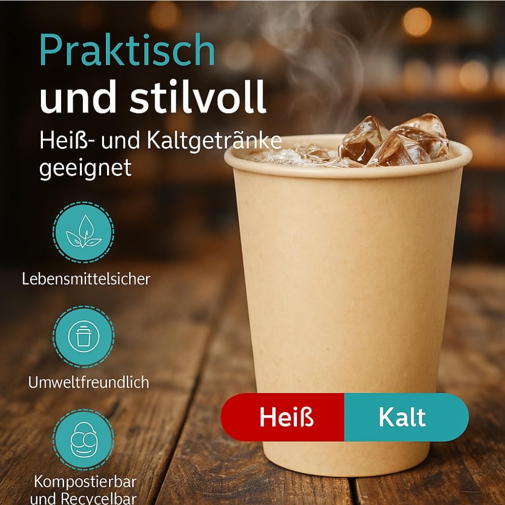 Commerline 1000 Pezzi Tazze Da Caffè to go | 200 ml | Colore Marrone | Bicchieri Usa e Getta in Carta Kraft | Bicchieri Per Caffè E Tè