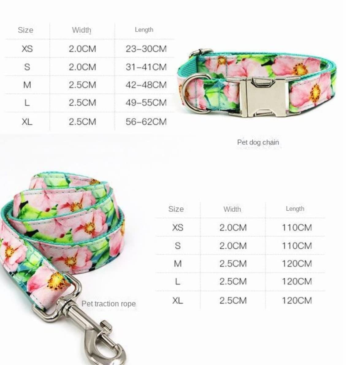 Correa Perro Collar para Perro Mascota, Estampado Floral Rosa Personalizado, Bonito Conjunto De Collar Y Correa para Perro, Hebilla De Liberación Rápida Correa Perro Suave(42-48cm)