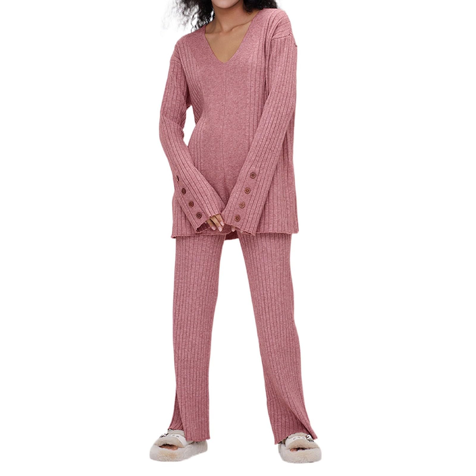 Hausanzug Damen Elegant V-Ausschnitt - Jogginganzug Festlich Hochzeit | Freizeitanzug Slim Fit Strickanzug Gerippte Schlafanzug Baggy Bequeme Sportanzug Mit Langarm Pullover + Jogginghose