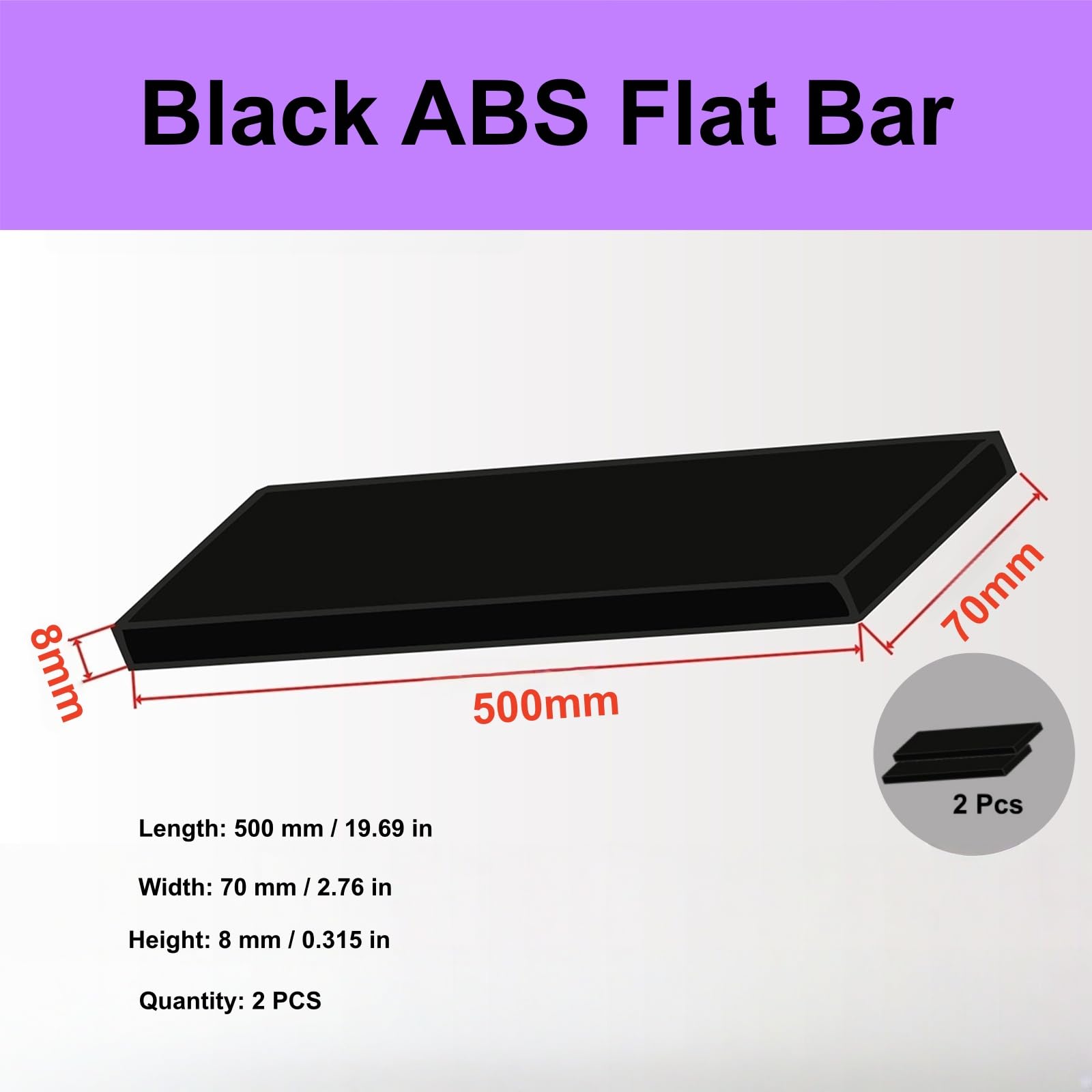 Barra Piatta Nera in ABS Rettangolare, plastica Resistente e Leggera per progetti Fai-da-Te di fresatura CNC, Taglio Laser, robotica e Realizzazione di custodie 500mm×70mm,8mm