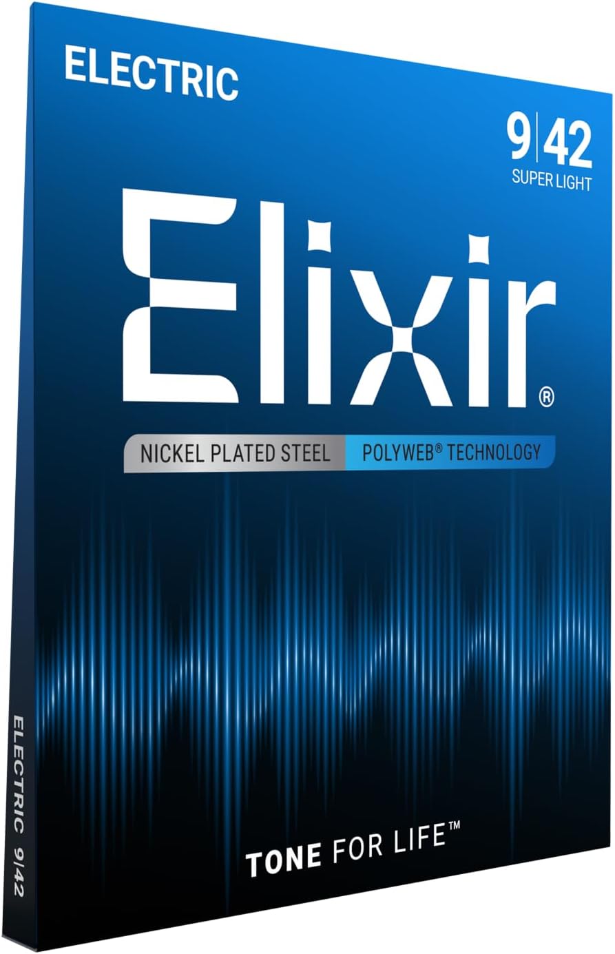 Elixir Strings, Electric Guitar Strings, Nickel Plated Steel with POLYWEB Coating, Longest-Lasting Warm Tone with Comfortable Feel, 6 String Set, Super Light 9-42