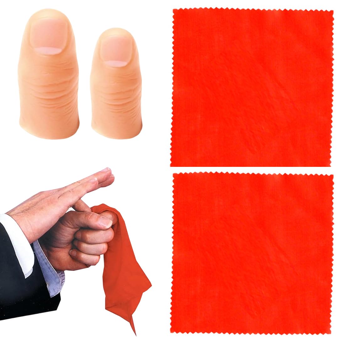 2 accessori magici per il pollice, trucco di magia, accessorio di magia e 2 fazzoletti rossi, 1 grande e 1 piccolo, adatti a tutti, per la festa degli articoli di magia.