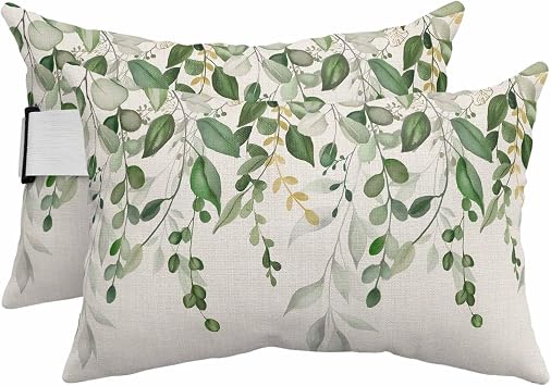 Outdoor Pillows with Insert 2 Pack-12"x20" Sage Green Eucalyptus Head Pillow for Pool Lounger and Office Chair Farmhouse Weeping Leaves Linen Lumbar Pillow with Adjustable Strap
