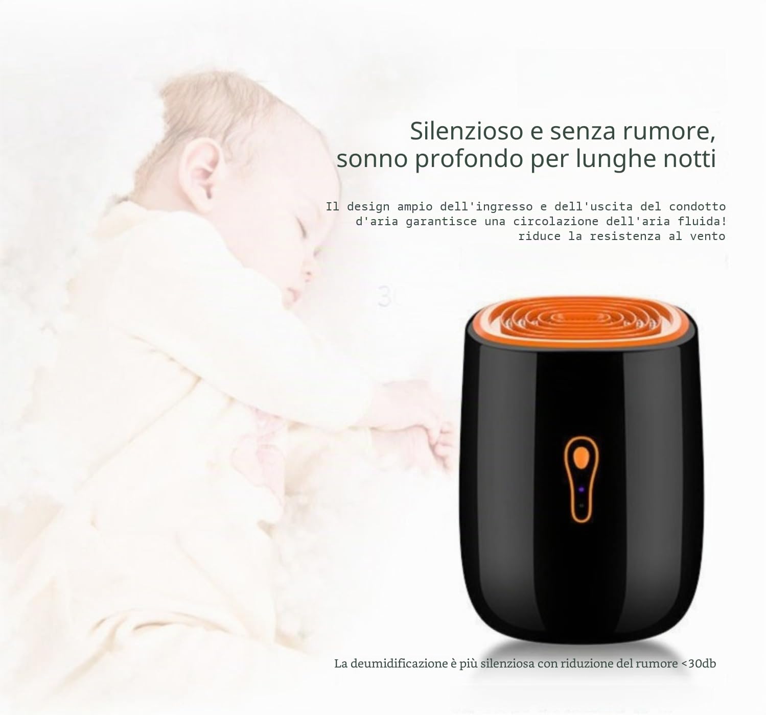 Deumidificatore portatile con tubo di scarico, nero e arancione, spegnimento automatico, sistema di purificazione 3 in 1 per stagione delle piogge, drenaggio continuo