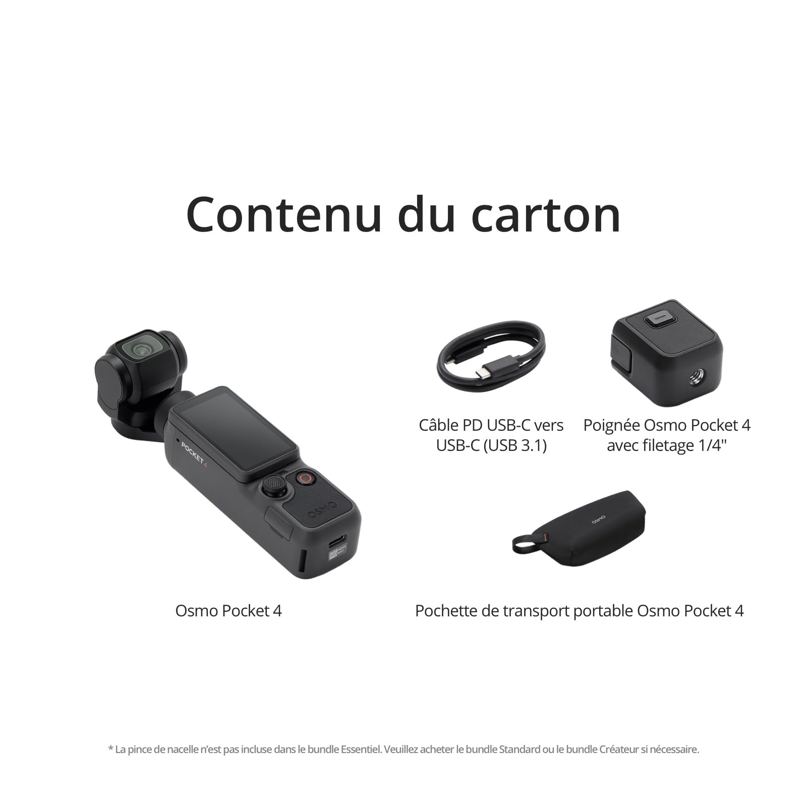 Bundle Essentiel DJI Osmo Pocket 4, caméra vlog de Poche avec nacelle