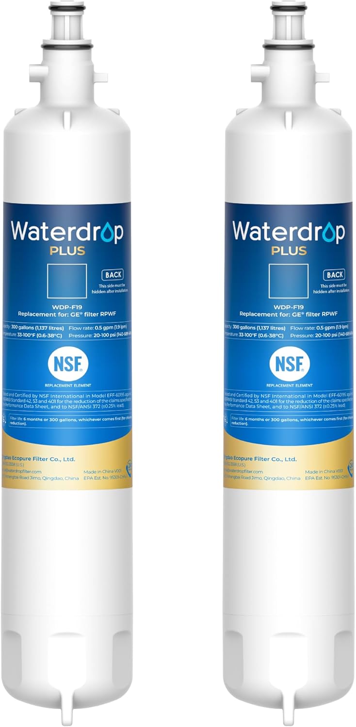 Waterdrop Plus RPWF Refrigerator Water Filter, Replacement for GE® RPWF (NOT RPWFE), Reduce PFAS, WDP-F19, DWF-36, R-3600, MPF15350, OPFG3-RF300, RWF1063, Certified by NSF 401&53&42, 2 Filters