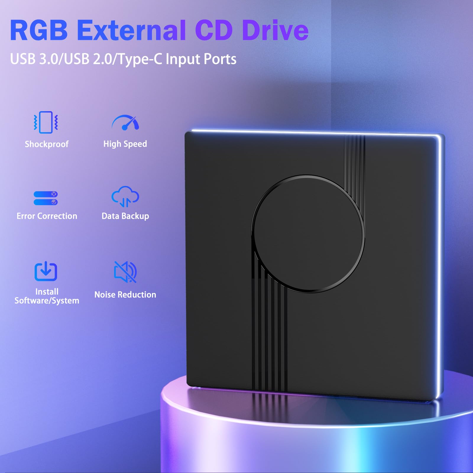 Wbacon RGB External CD/DVD Drive for Laptop, External CD Drive USB 3.0 Type-C Portable DVD Player, CD Burner +/-RW Optical Drive, Slim CD ROM External Drive for Laptop Desktop PC Windows Mac (Black) — view 6