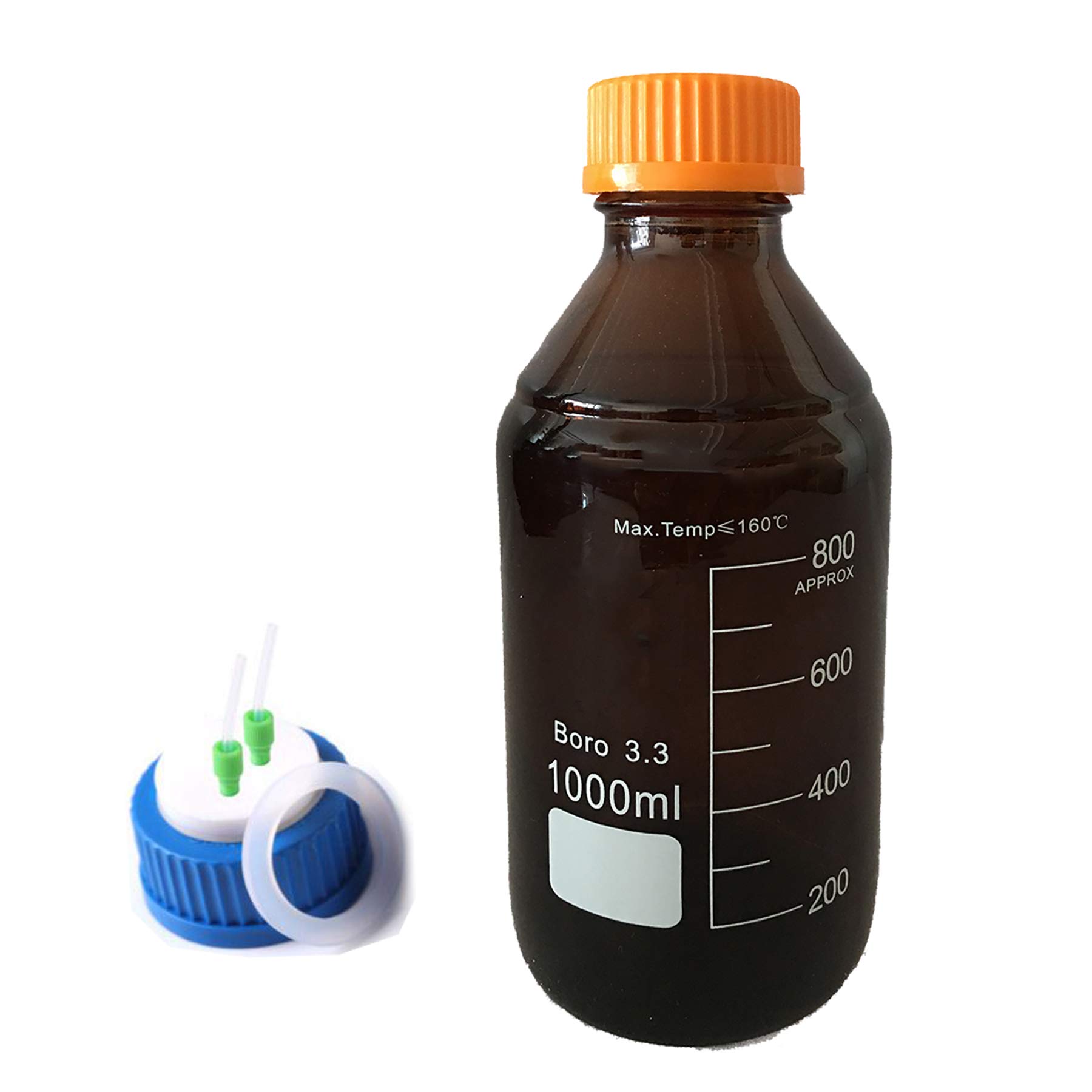 1 szt. Butelka z odczynnikiem ze szkła borokrzemianowego w kolorze bursztynowo-brązowym z zakrętką z 2 otworami GL45 - pojemność od 100 ml do 20 000 ml do użytku laboratoryjnego(250ml)