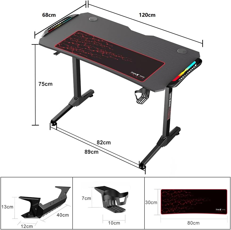 Diagram showing the dimensions of the Dripex Gaming Desk: 120cm length, 68cm width, 75cm height
