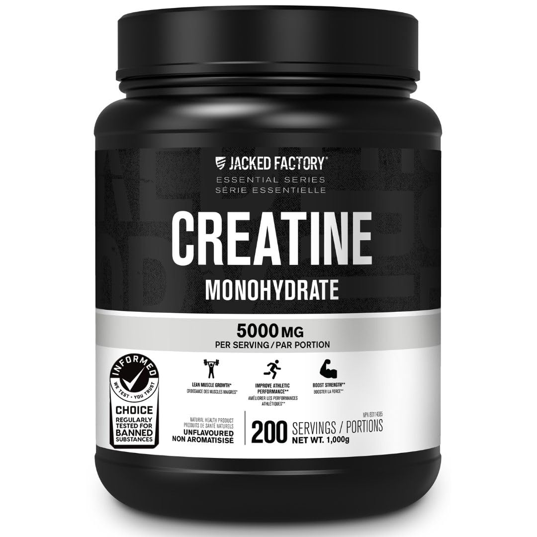 Jacked Factory Creatine Monohydrate Powder 1000g - Canadian-Owned Informed Choice Certified Supplement for Increased Muscle Mass*  Improved Strength  Power  & Performance** - 200 Servings  Unflavored