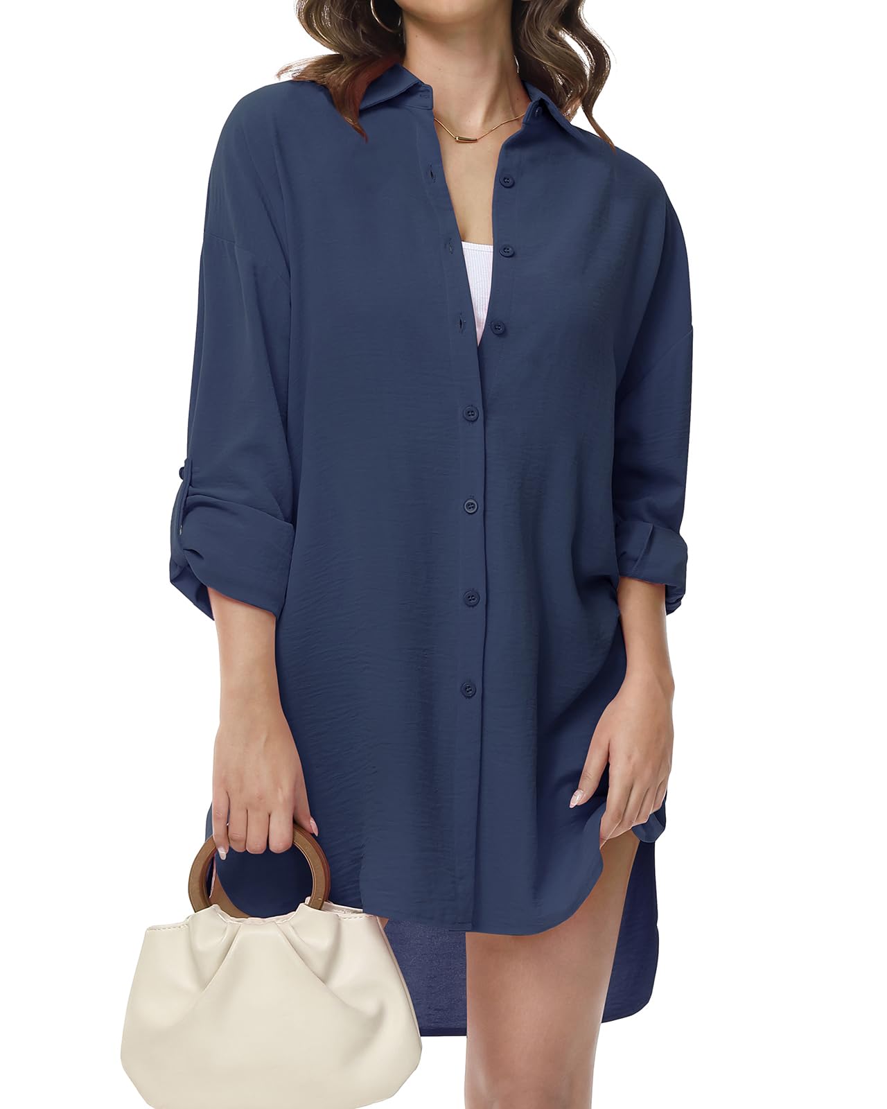 Tanmolo Damen Bluse V-Ausschnitt Hemdbluse Langarm Lässiges Hemd zum Knöpfen Langarmshirt Casual Oberteile Aufrollen Tops