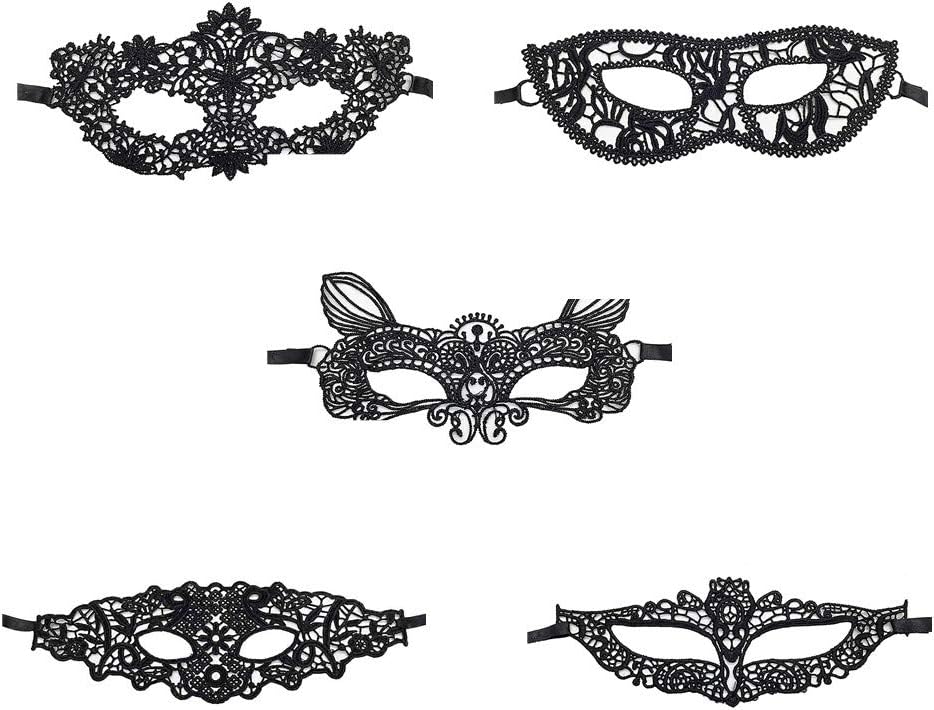 Jamron Women Sexy Black Lace Eye Mask for Masquerade Halloween Party Prom Ball Carnival Dress Mask 5PCS Set Elf SN07830