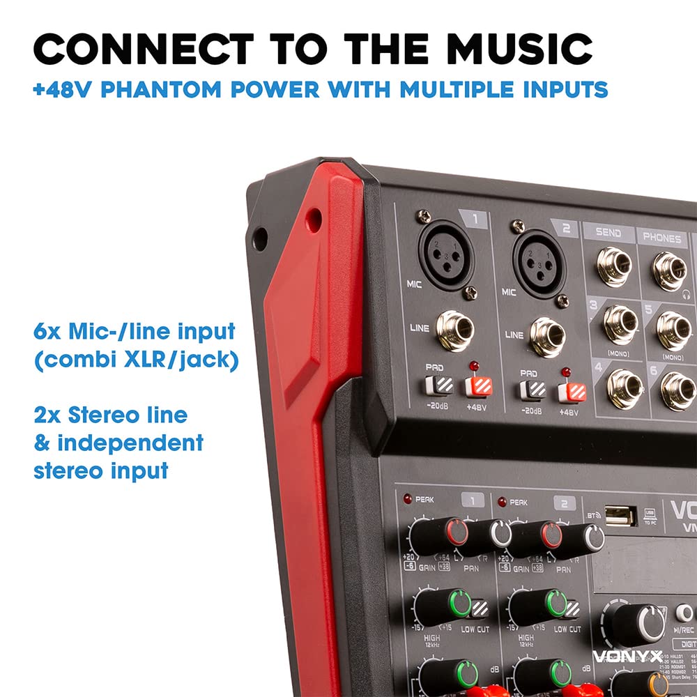 Vonyx VM-KG06 analoger Audio Mixer für Bands, Mischpult DJ Mixer, 6 Kanal DJ Mischer mit Bluetooth, MIC, XLR, 6,3mm Jack, DSP Soundeffekt, USB, MP3, Record - Schwarz